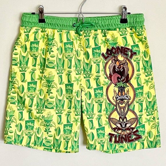 Looney Tunes Tiki Taz Bugs Daffy Graphic Yellow Green Swim Trunks Men’s Medium - Picture 3 of 12